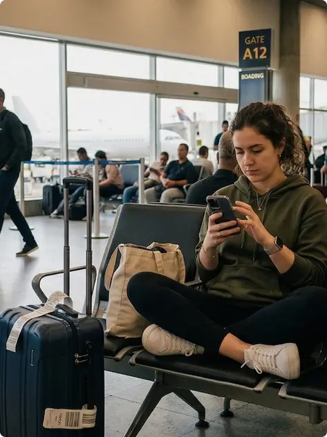 womem holding a phone with seguro viagem app